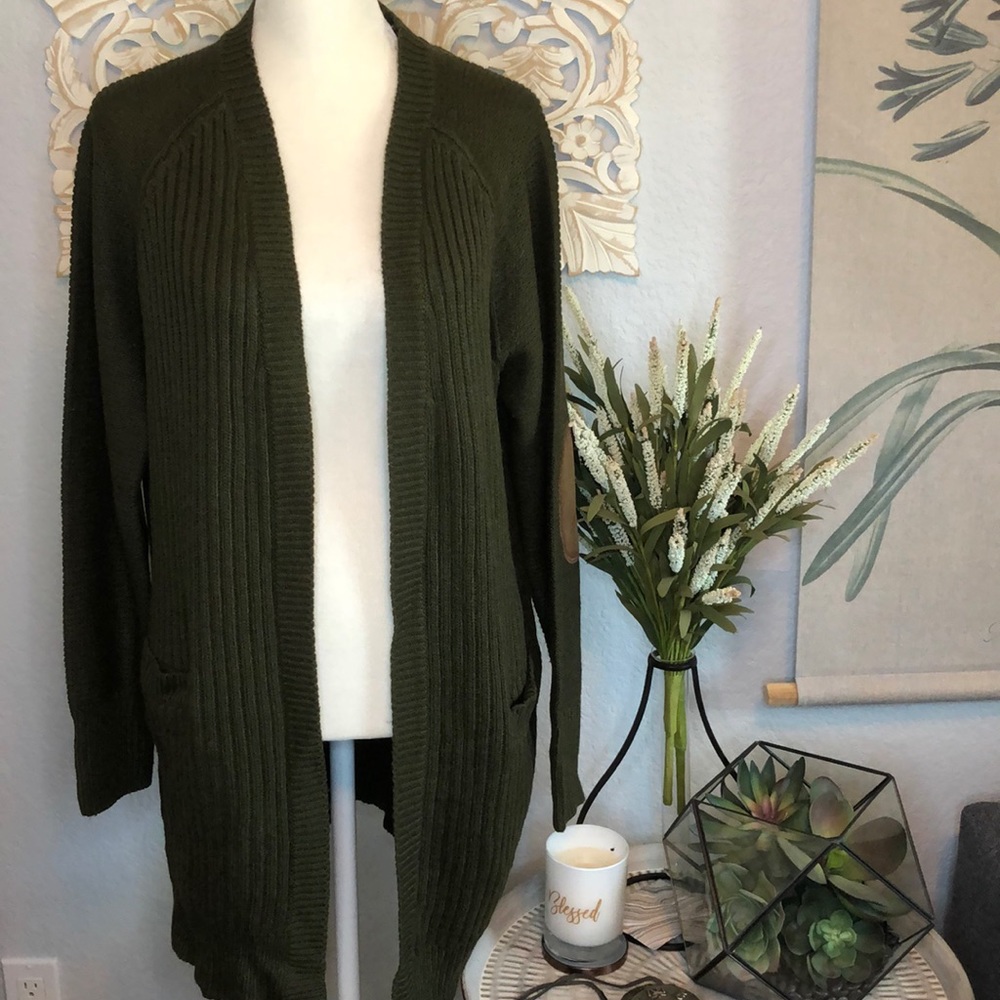 RD Style Olive Ribbed Cardigan w Elbow Patches L